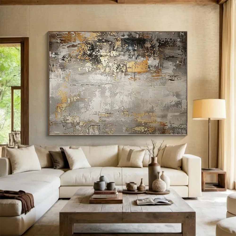 Gold Handmade Original Leaf Industrial Abstract Canvas Artwork KH07Y